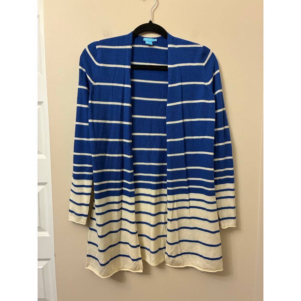 J McLaughlin Merino Wool Blue and White Striped Open Front Long Cardigan Small